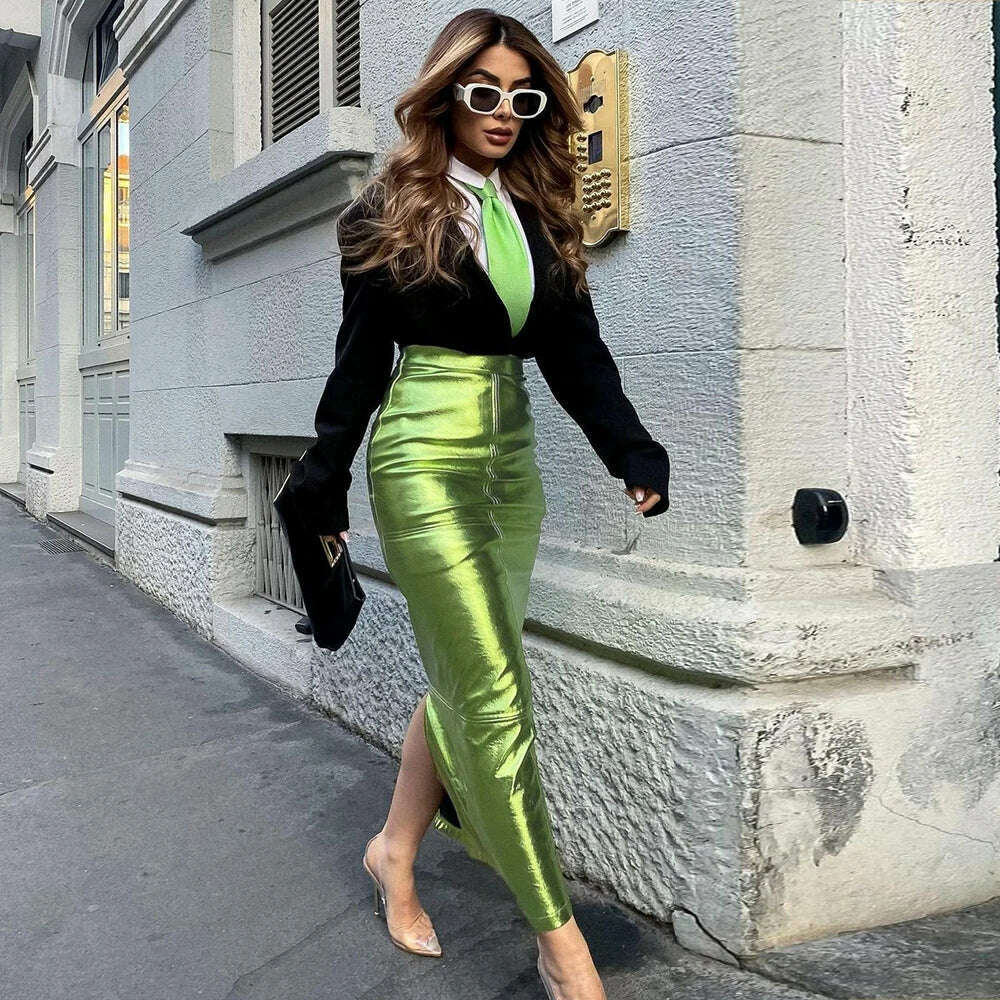 Sexy Sparkly Slit Long Skirts Women High Waist Metallic Green Slim Maxi Skirt 2023 Summer Harajuku Elegant Fairy Grunge Clothes - KIMLUD