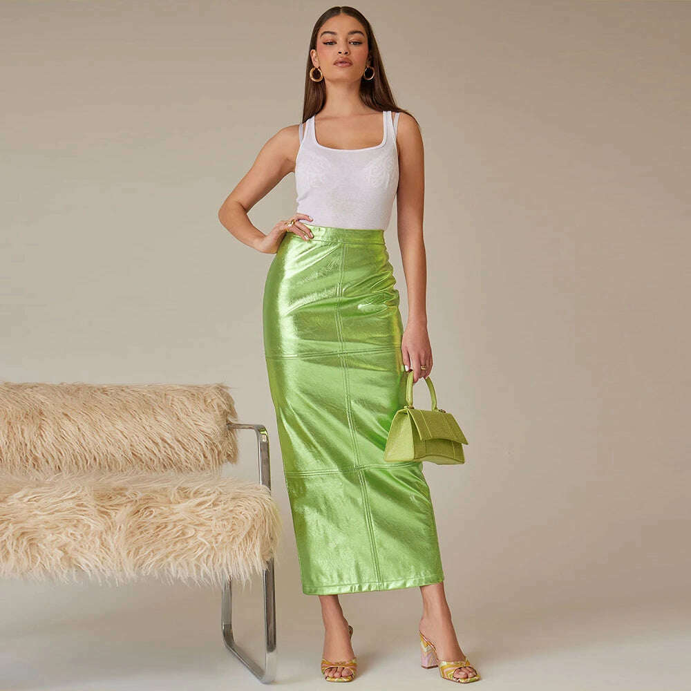 Sexy Sparkly Slit Long Skirts Women High Waist Metallic Green Slim Maxi Skirt 2023 Summer Harajuku Elegant Fairy Grunge Clothes - KIMLUD