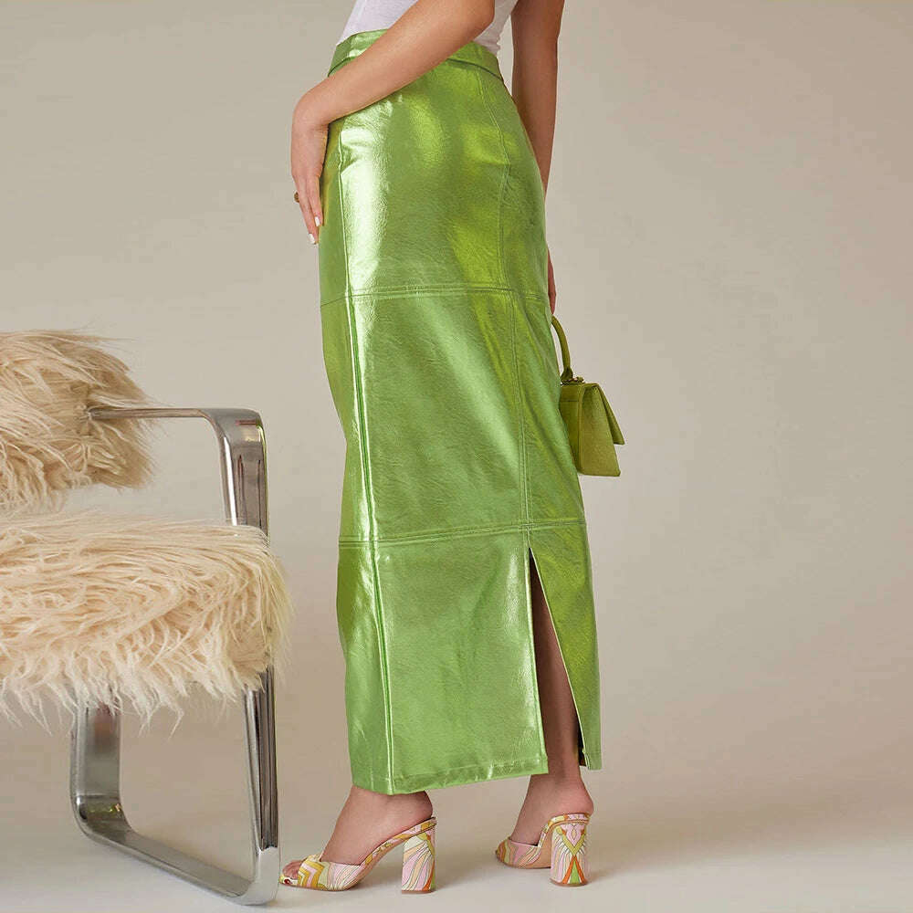 Sexy Sparkly Slit Long Skirts Women High Waist Metallic Green Slim Maxi Skirt 2023 Summer Harajuku Elegant Fairy Grunge Clothes - KIMLUD