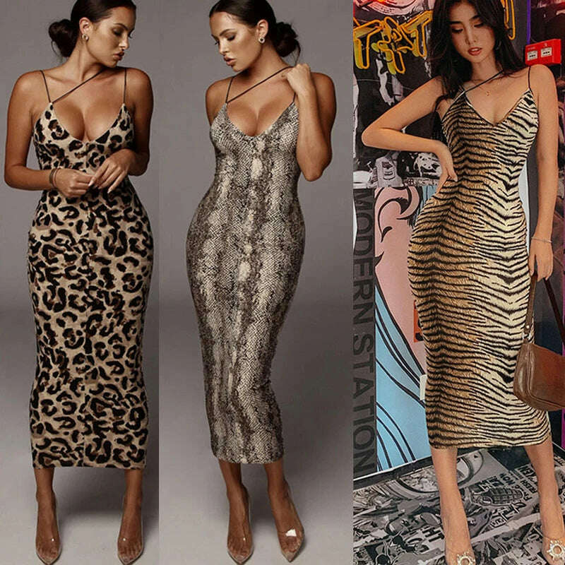 KIMLUD, Sexy Summer Women V-neck Backless Strapless Dress Fashionable Leopard Printed One-piece Long Skirt Sml Size, KIMLUD Womens Clothes