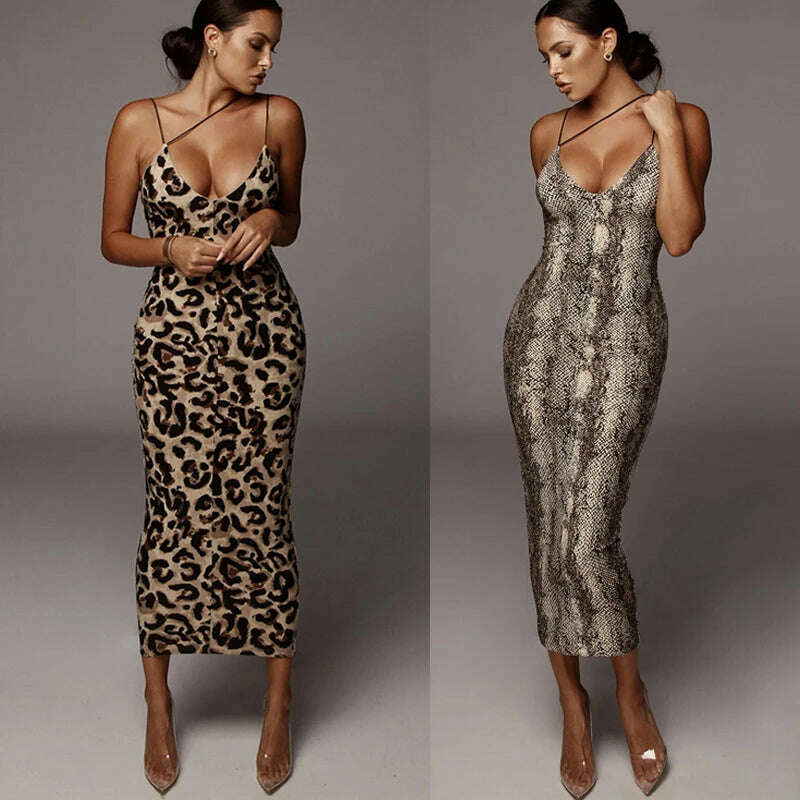 KIMLUD, Sexy Summer Women V-neck Backless Strapless Dress Fashionable Leopard Printed One-piece Long Skirt Sml Size, KIMLUD Womens Clothes