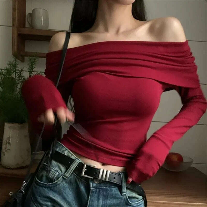 Sexy Tops Off Shoulder Long Sleeve Crop Top Women's Autumn/Winter 2023 New Spicy Girl Slim Fit Short Red T-shirt - KIMLUD