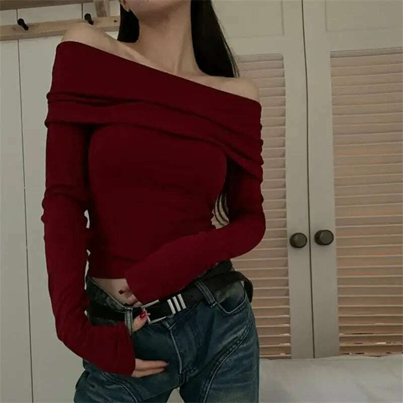 Sexy Tops Off Shoulder Long Sleeve Crop Top Women's Autumn/Winter 2023 New Spicy Girl Slim Fit Short Red T-shirt - KIMLUD