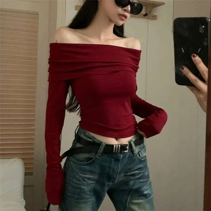 Sexy Tops Off Shoulder Long Sleeve Crop Top Women's Autumn/Winter 2023 New Spicy Girl Slim Fit Short Red T-shirt - KIMLUD