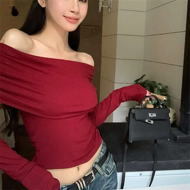 Sexy Tops Off Shoulder Long Sleeve Crop Top Women's Autumn/Winter 2023 New Spicy Girl Slim Fit Short Red T-shirt - KIMLUD