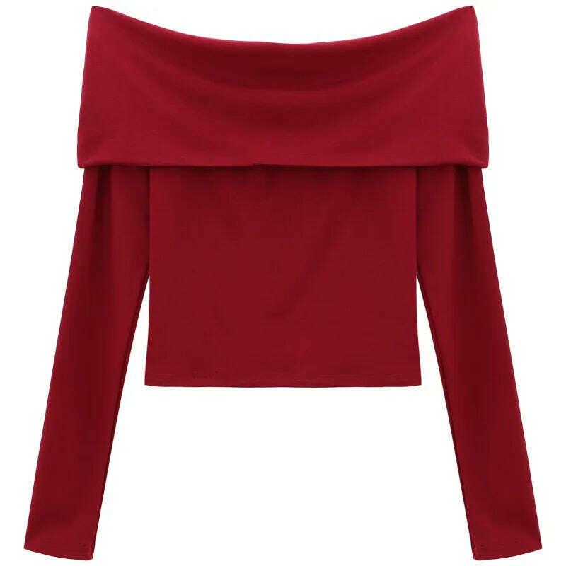 Sexy Tops Off Shoulder Long Sleeve Crop Top Women's Autumn/Winter 2023 New Spicy Girl Slim Fit Short Red T-shirt - KIMLUD