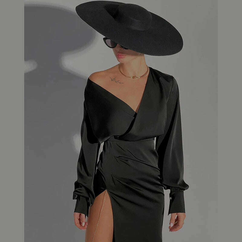 KIMLUD, Sexy V Neck Long Sleeve Bodycon Midi Dress Women Ruched Wrap High Slit Party Vestido 2023 Spring Fall Harajuku Y2K Clothes, KIMLUD Womens Clothes