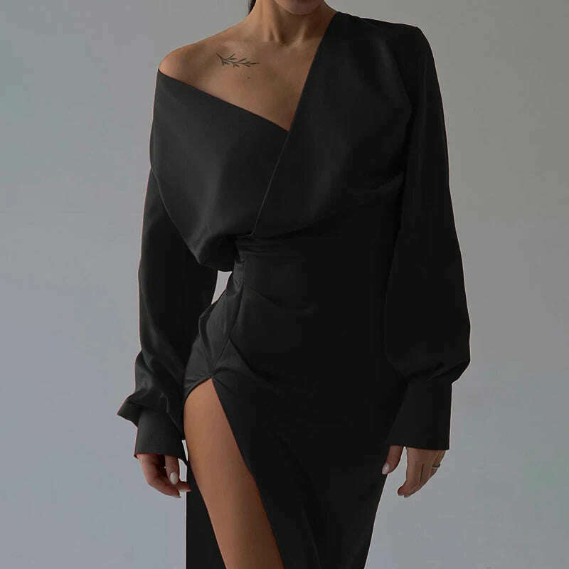 KIMLUD, Sexy V Neck Long Sleeve Bodycon Midi Dress Women Ruched Wrap High Slit Party Vestido 2023 Spring Fall Harajuku Y2K Clothes, KIMLUD Womens Clothes