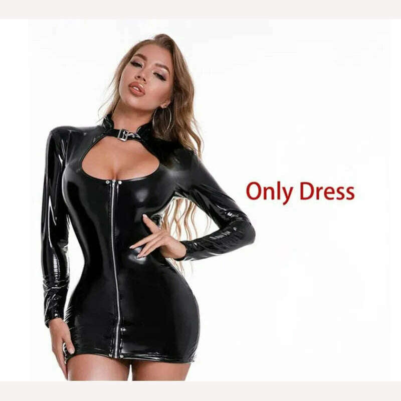 KIMLUD, Sexy Wetlook Patent Leather Dress Women Short Mini Bodycon Breast Exposing Slim PVC Latex Nightclub Dresses with Stocking, Style-1 Black-A / S-M, KIMLUD APPAREL - Womens Clothes