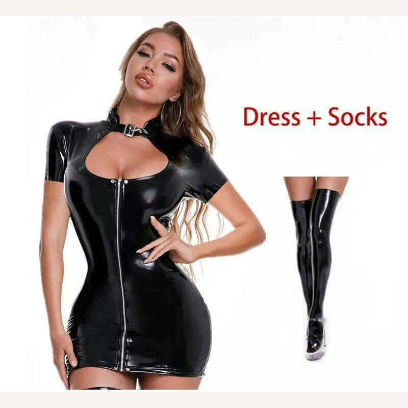 KIMLUD, Sexy Wetlook Patent Leather Dress Women Short Mini Bodycon Breast Exposing Slim PVC Latex Nightclub Dresses with Stocking, Style-2 Black-B / S-M, KIMLUD APPAREL - Womens Clothes