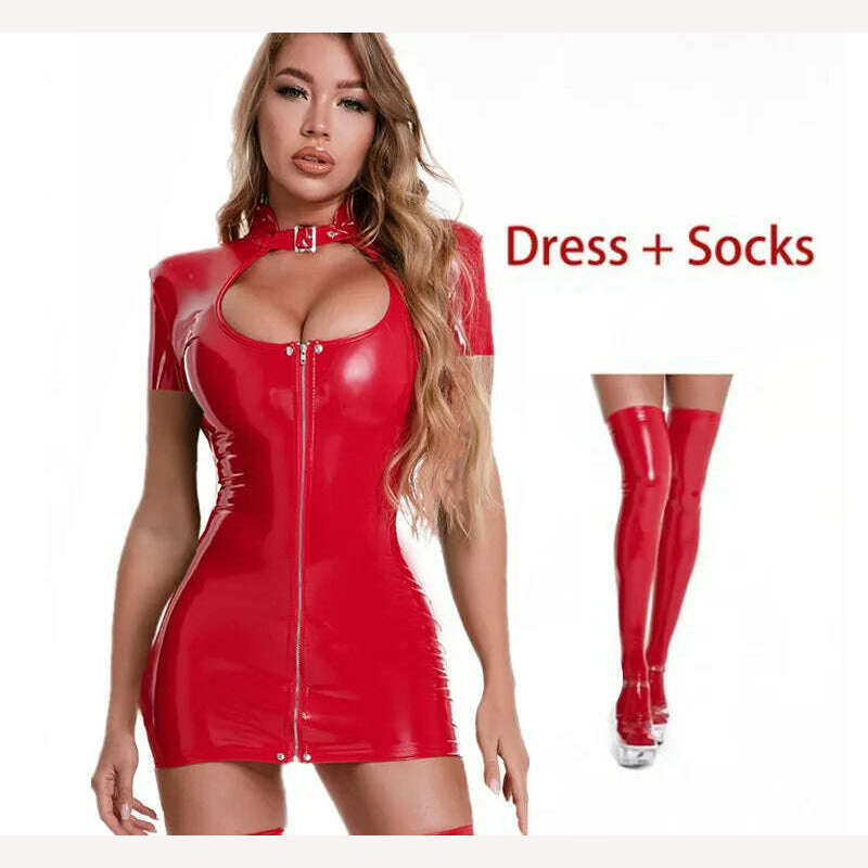 KIMLUD, Sexy Wetlook Patent Leather Dress Women Short Mini Bodycon Breast Exposing Slim PVC Latex Nightclub Dresses with Stocking, Style-2 Red-B / S-M, KIMLUD APPAREL - Womens Clothes