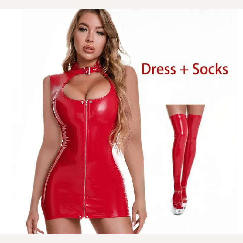 KIMLUD, Sexy Wetlook Patent Leather Dress Women Short Mini Bodycon Breast Exposing Slim PVC Latex Nightclub Dresses with Stocking, Style-3 Red-B / S-M, KIMLUD APPAREL - Womens Clothes