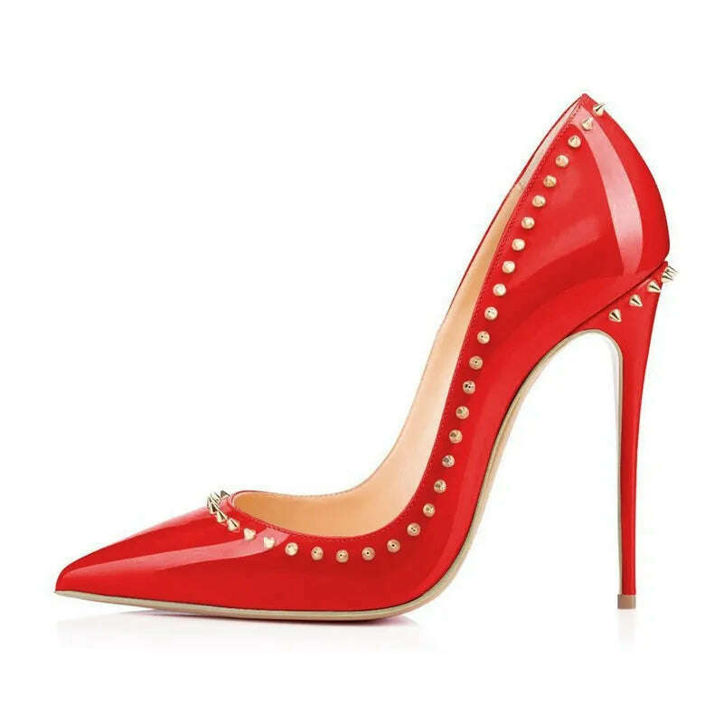 KIMLUD, Sexy Woman Heel New Stilettos High Heels Spring Autumn Patent Leather Pointed Toe Women Rivet Ladies Pumps Shoes Big Size D031A, KIMLUD Womens Clothes