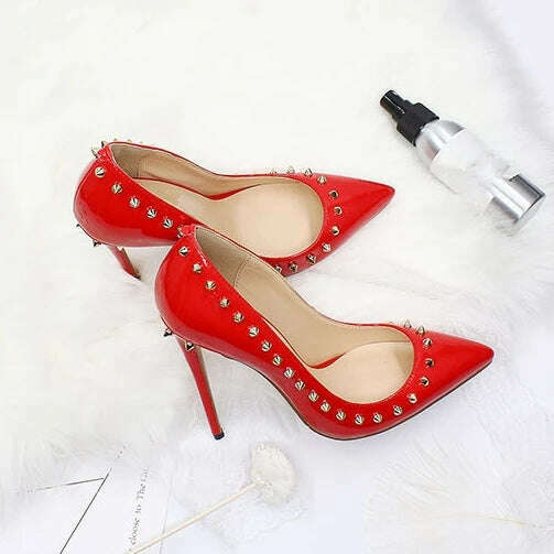 KIMLUD, Sexy Woman Heel New Stilettos High Heels Spring Autumn Patent Leather Pointed Toe Women Rivet Ladies Pumps Shoes Big Size D031A, KIMLUD Womens Clothes