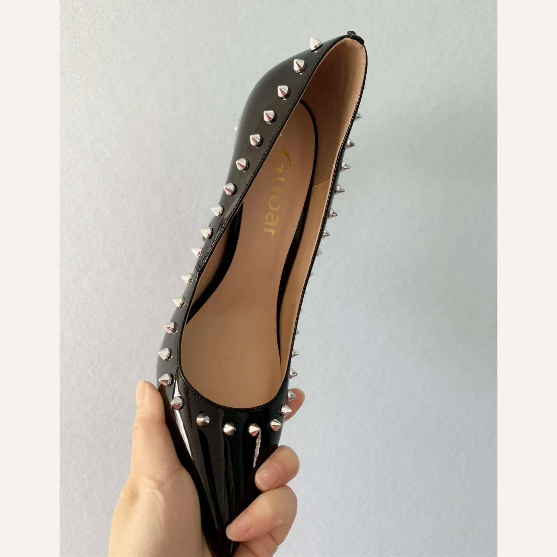 KIMLUD, Sexy Woman Heel New Stilettos High Heels Spring Autumn Patent Leather Pointed Toe Women Rivet Ladies Pumps Shoes Big Size D031A, 8.5CM Heels height 1 / 12, KIMLUD APPAREL - Womens Clothes