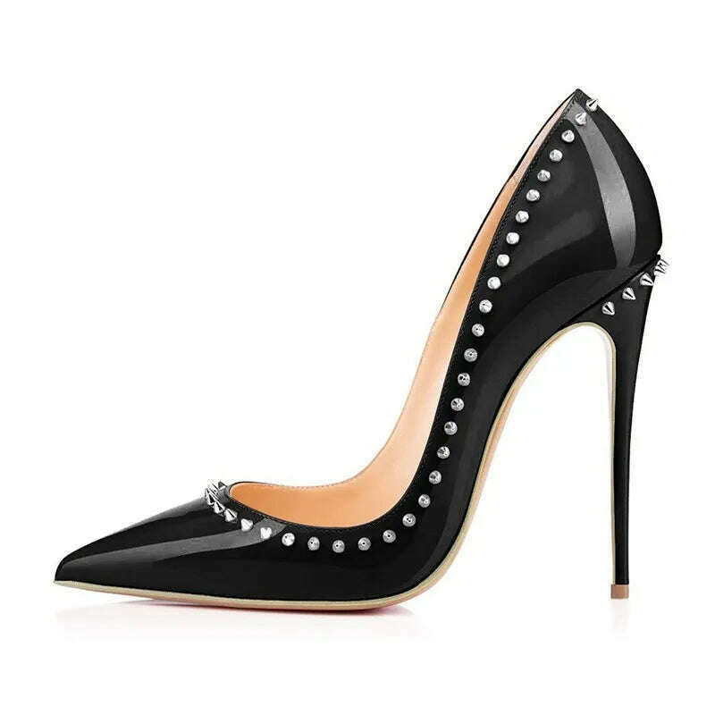 KIMLUD, Sexy Woman Heel New Stilettos High Heels Spring Autumn Patent Leather Pointed Toe Women Rivet Ladies Pumps Shoes Big Size D031A, 12CM Heels height / 4, KIMLUD APPAREL - Womens Clothes