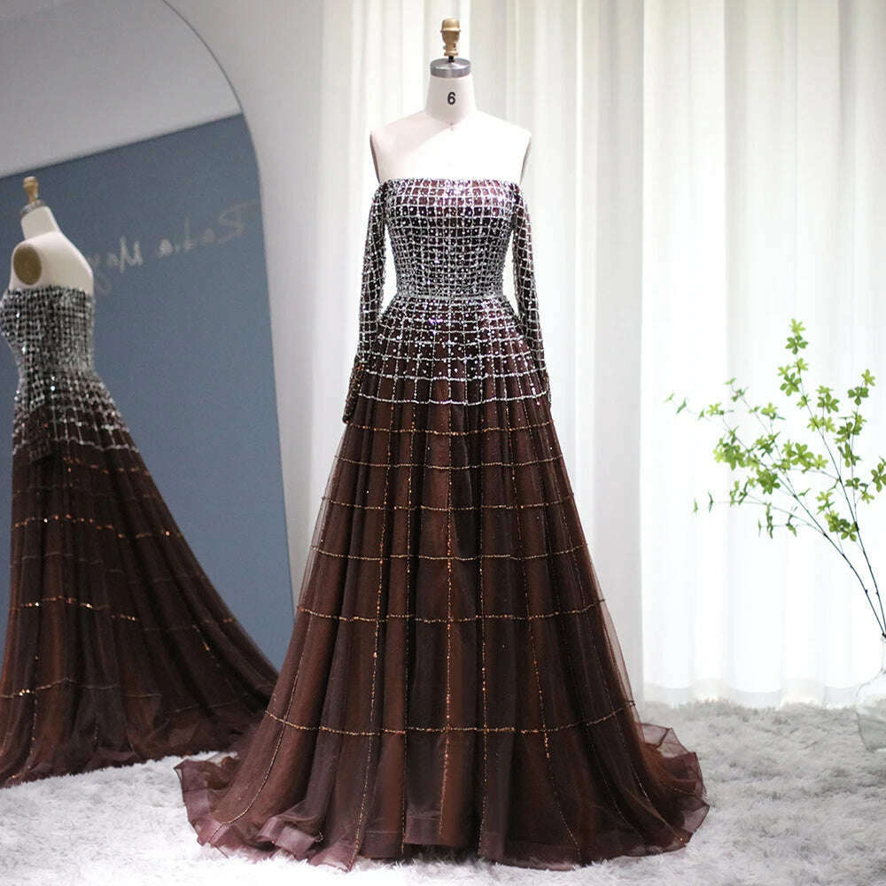 KIMLUD, Sharon Said Luxury Dubai Brown Off Shoulder Evening Dresses Long Sleeve Elegant Arabic Women Wedding Party Dress Prom Gown SS022, Brown / 2, KIMLUD APPAREL - Womens Clothes