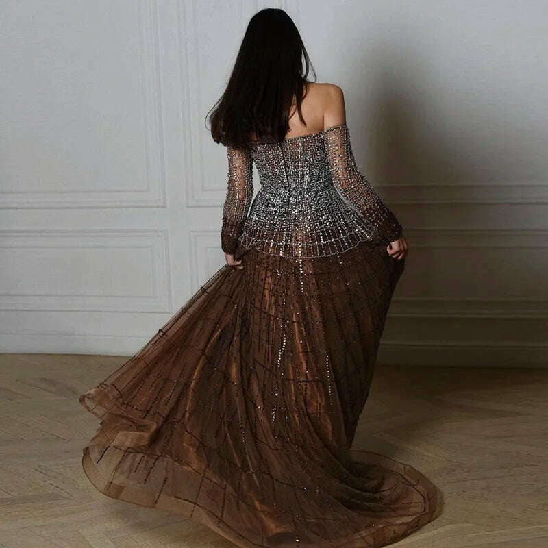 KIMLUD, Sharon Said Luxury Dubai Brown Off Shoulder Evening Dresses Long Sleeve Elegant Arabic Women Wedding Party Dress Prom Gown SS022, KIMLUD Womens Clothes