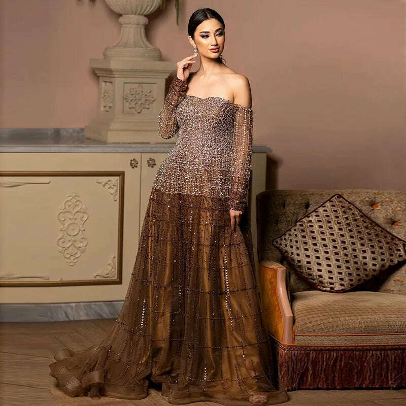 KIMLUD, Sharon Said Luxury Dubai Brown Off Shoulder Evening Dresses Long Sleeve Elegant Arabic Women Wedding Party Dress Prom Gown SS022, KIMLUD Womens Clothes