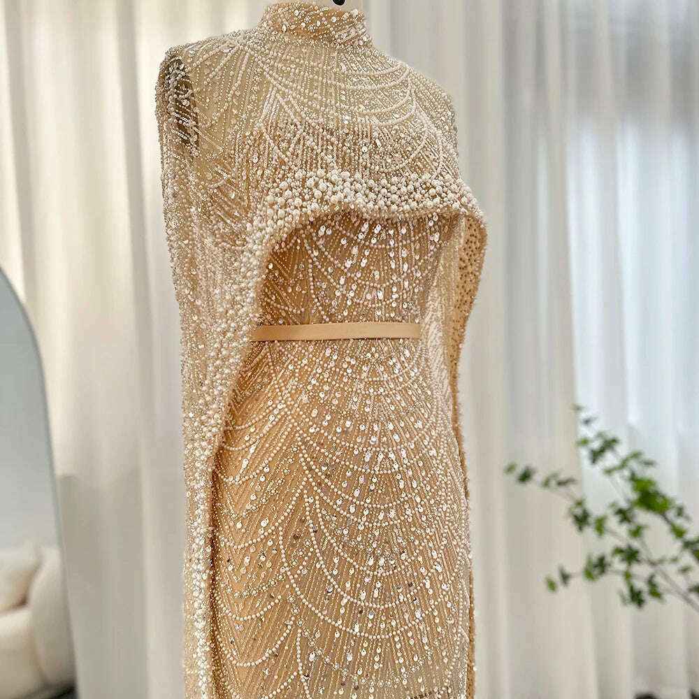 KIMLUD, Sharon Said Luxury Pearls Dubai Champagne Evening Dresses with Cape 2023 New Arabic Women Mermaid Wedding Party Prom Dress SS369, KIMLUD Womens Clothes