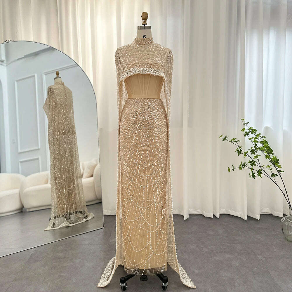 KIMLUD, Sharon Said Luxury Pearls Dubai Champagne Evening Dresses with Cape 2023 New Arabic Women Mermaid Wedding Party Prom Dress SS369, Full Lining / 2 / CHINA, KIMLUD APPAREL - Womens Clothes