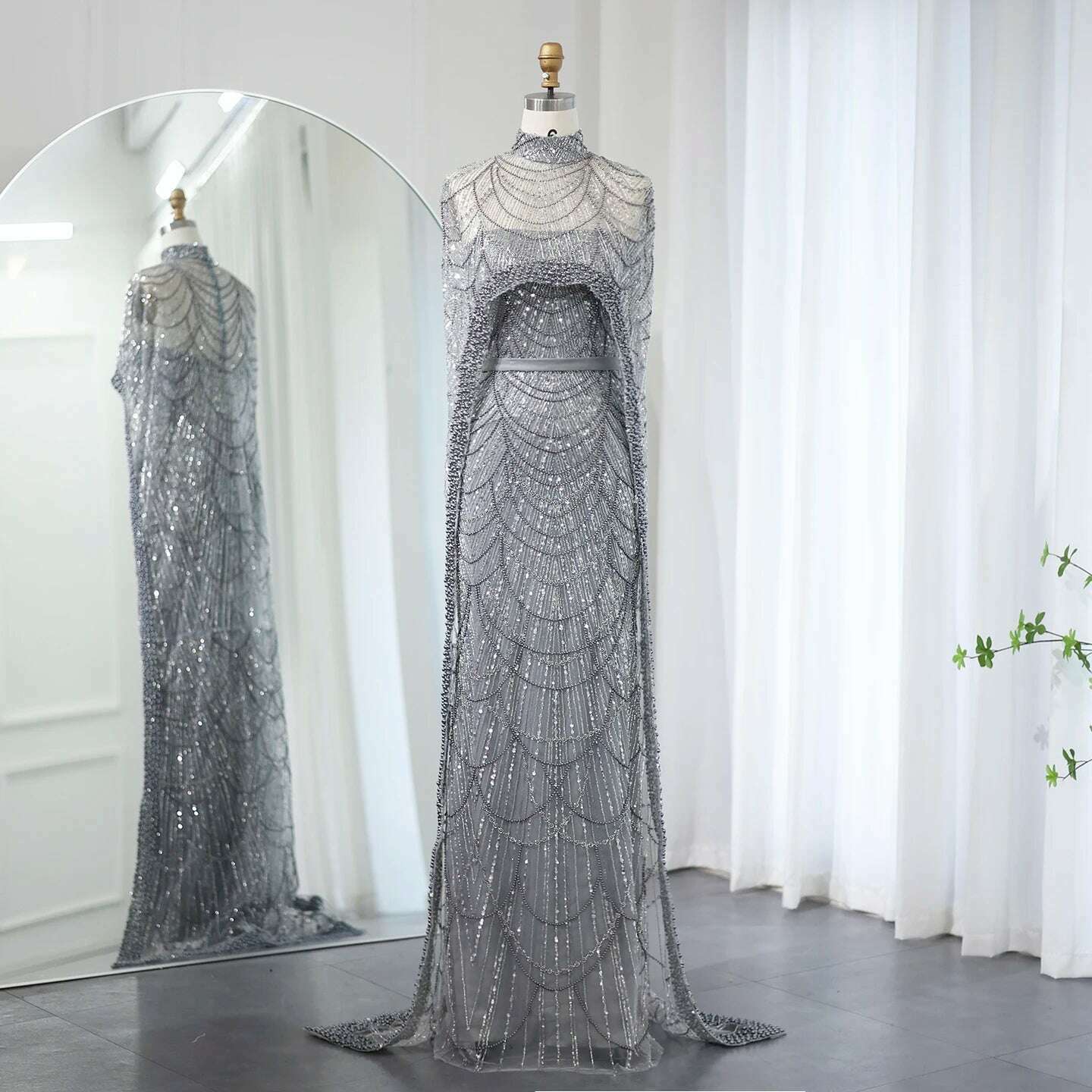 KIMLUD, Sharon Said Luxury Pearls Dubai Champagne Evening Dresses with Cape 2023 New Arabic Women Mermaid Wedding Party Prom Dress SS369, GRAY / 2 / CHINA, KIMLUD APPAREL - Womens Clothes