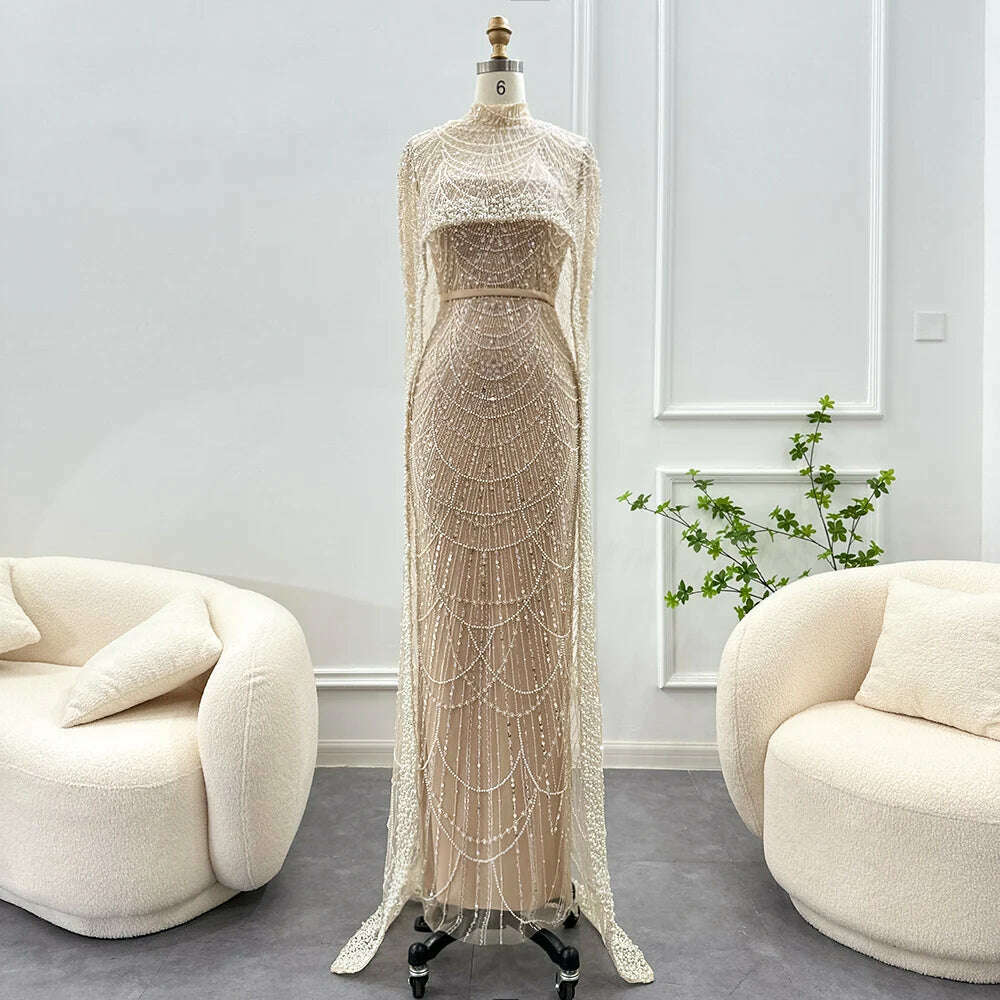 KIMLUD, Sharon Said Luxury Pearls Dubai Champagne Evening Dresses with Cape 2023 New Arabic Women Mermaid Wedding Party Prom Dress SS369, Full Covered / 2 / CHINA, KIMLUD APPAREL - Womens Clothes