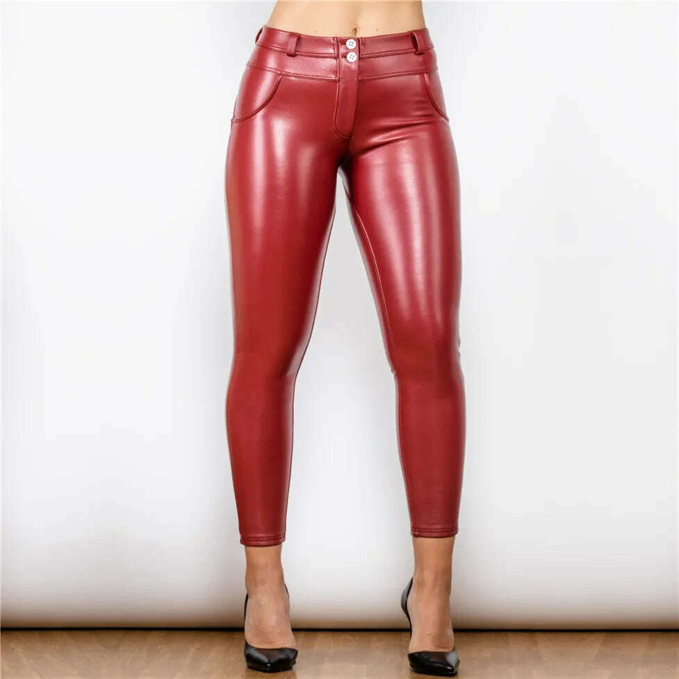 Shascullfites Warm Biker Faux Leather Pants with Zipper Decoration Black / Burgundy Red Low Waist Pu leather for Women Motorbike - KIMLUD