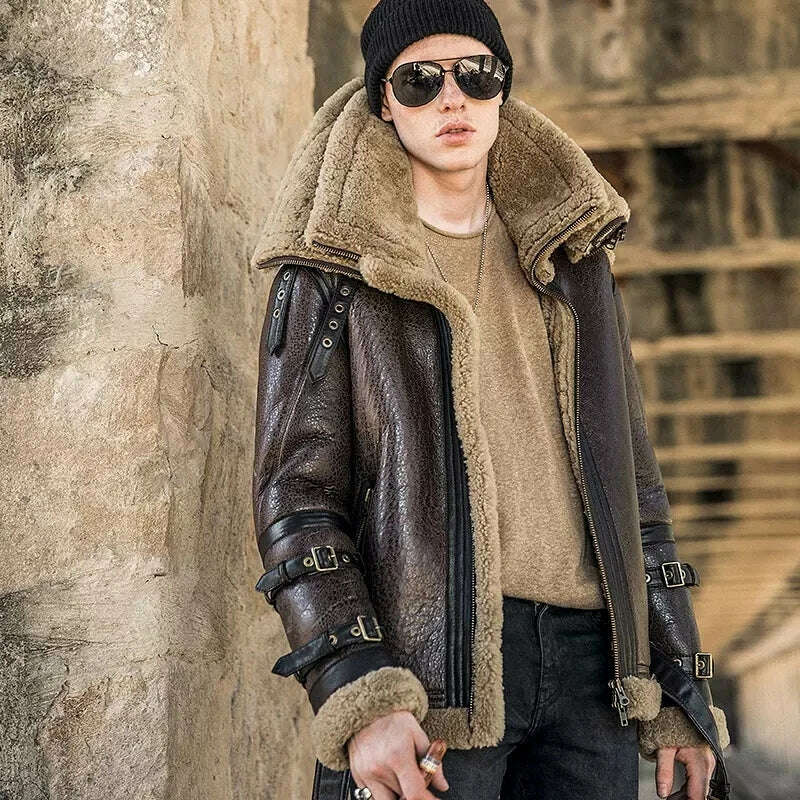 KIMLUD, Shearling Genuine Leather Coat Male B3 Bomber Jacket Aviator Outerwear Trench Flight Men Double Layer Thick Winter Short Jacket, Khaki / S, KIMLUD APPAREL - Womens Clothes