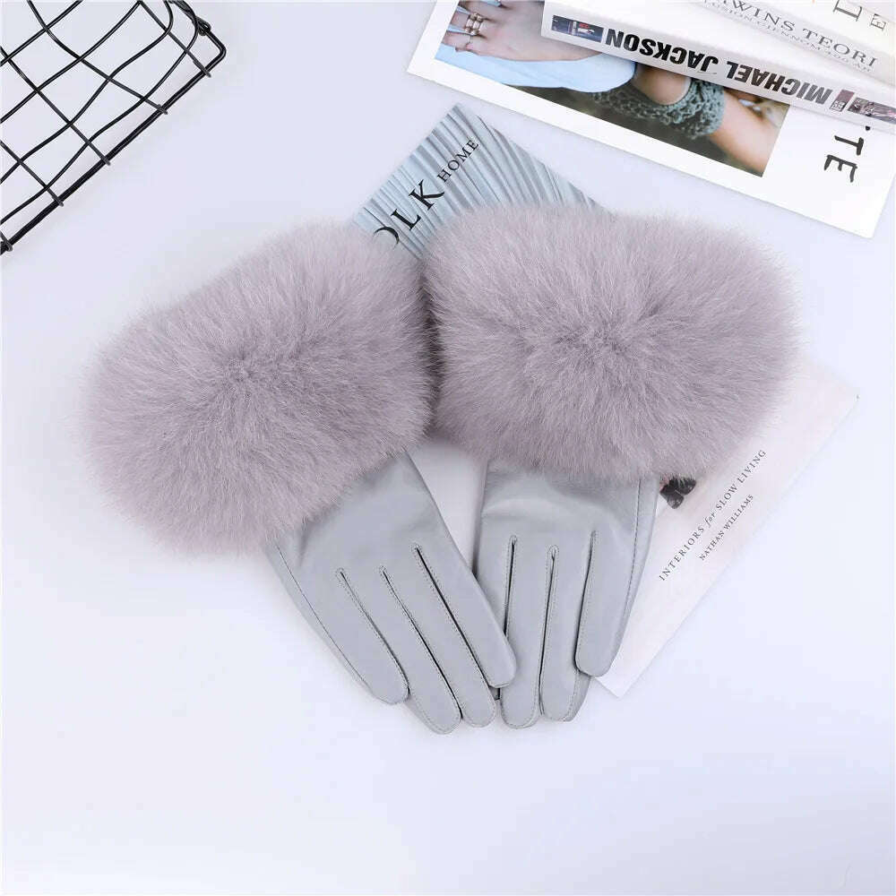 KIMLUD, Sheepskin Natural Fox Fur Trimming Gloves Women's Genuine Leather Wrist Warmer Glove Winter Warm Fashion  Mittens Fleece Lining, KIMLUD Womens Clothes