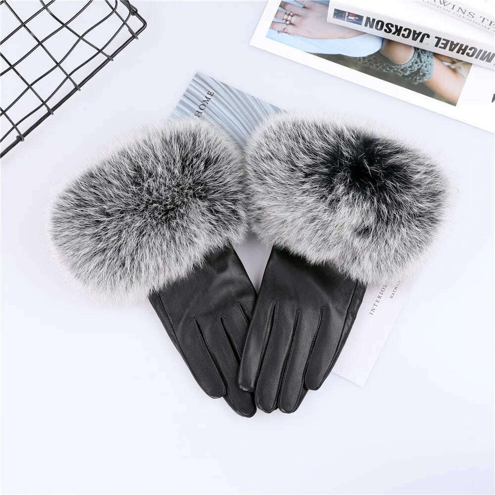 KIMLUD, Sheepskin Natural Fox Fur Trimming Gloves Women's Genuine Leather Wrist Warmer Glove Winter Warm Fashion  Mittens Fleece Lining, KIMLUD Womens Clothes