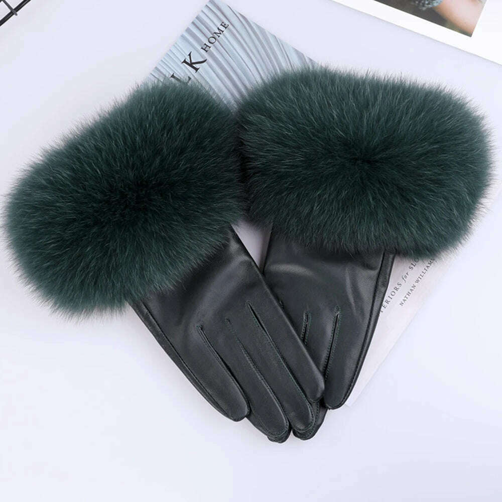 KIMLUD, Sheepskin Natural Fox Fur Trimming Gloves Women's Genuine Leather Wrist Warmer Glove Winter Warm Fashion  Mittens Fleece Lining, KIMLUD Womens Clothes