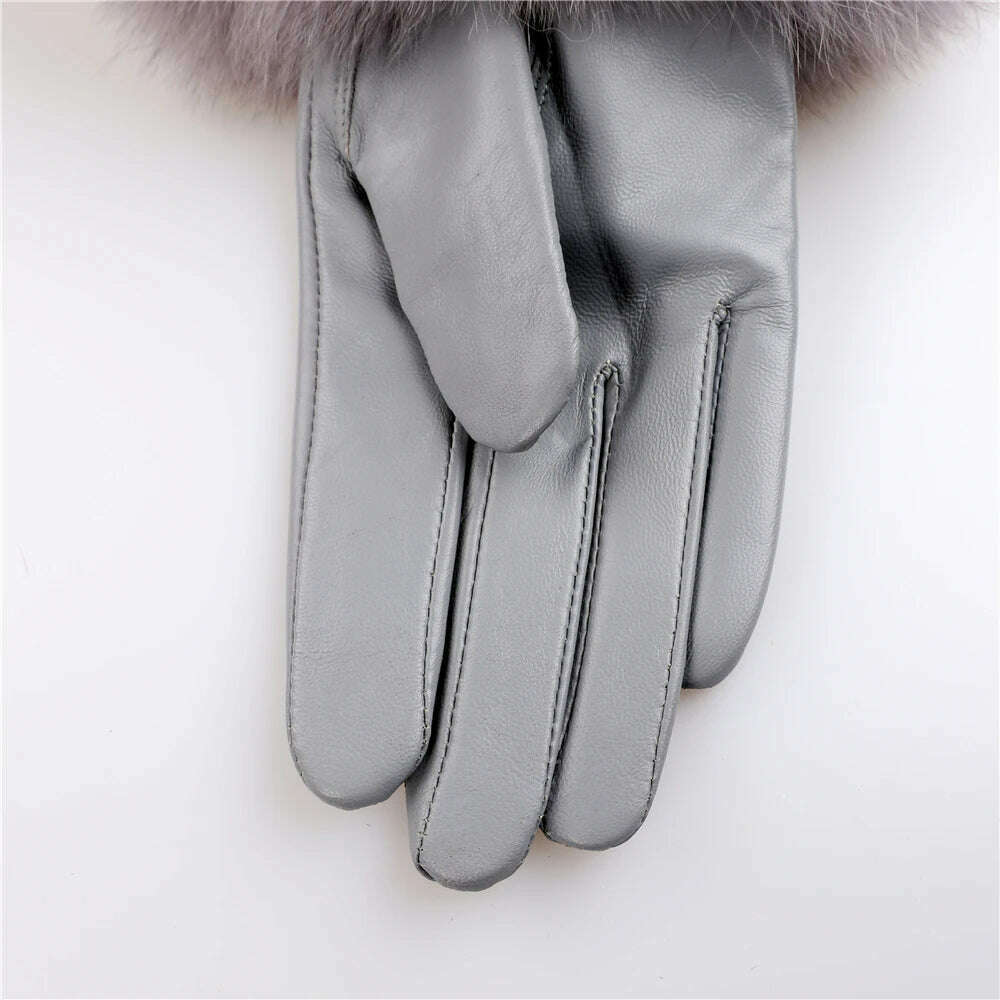 KIMLUD, Sheepskin Natural Fox Fur Trimming Gloves Women's Genuine Leather Wrist Warmer Glove Winter Warm Fashion  Mittens Fleece Lining, KIMLUD Womens Clothes