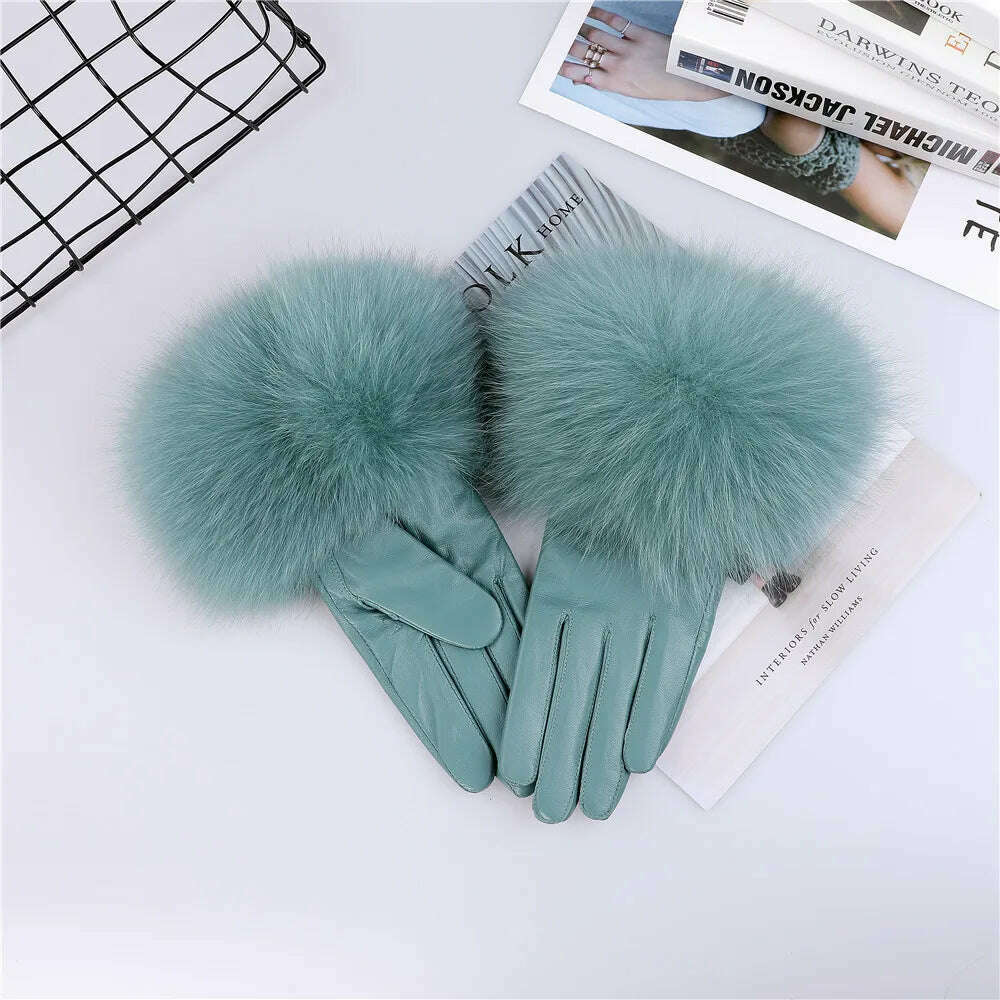 KIMLUD, Sheepskin Natural Fox Fur Trimming Gloves Women's Genuine Leather Wrist Warmer Glove Winter Warm Fashion  Mittens Fleece Lining, KIMLUD Womens Clothes