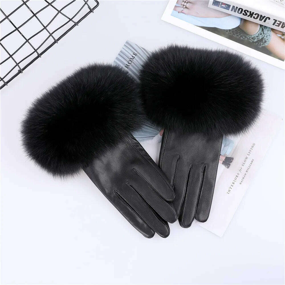 KIMLUD, Sheepskin Natural Fox Fur Trimming Gloves Women's Genuine Leather Wrist Warmer Glove Winter Warm Fashion  Mittens Fleece Lining, Black / S Palm 17cm, KIMLUD APPAREL - Womens Clothes