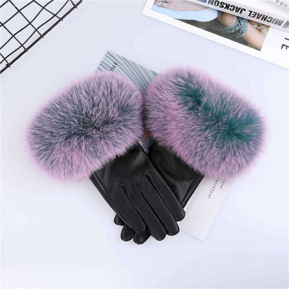 KIMLUD, Sheepskin Natural Fox Fur Trimming Gloves Women's Genuine Leather Wrist Warmer Glove Winter Warm Fashion  Mittens Fleece Lining, Multicolor / S Palm 17cm, KIMLUD APPAREL - Womens Clothes