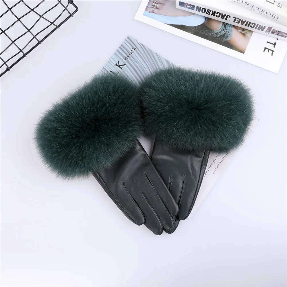 KIMLUD, Sheepskin Natural Fox Fur Trimming Gloves Women's Genuine Leather Wrist Warmer Glove Winter Warm Fashion  Mittens Fleece Lining, Blackish Green / S Palm 17cm, KIMLUD APPAREL - Womens Clothes