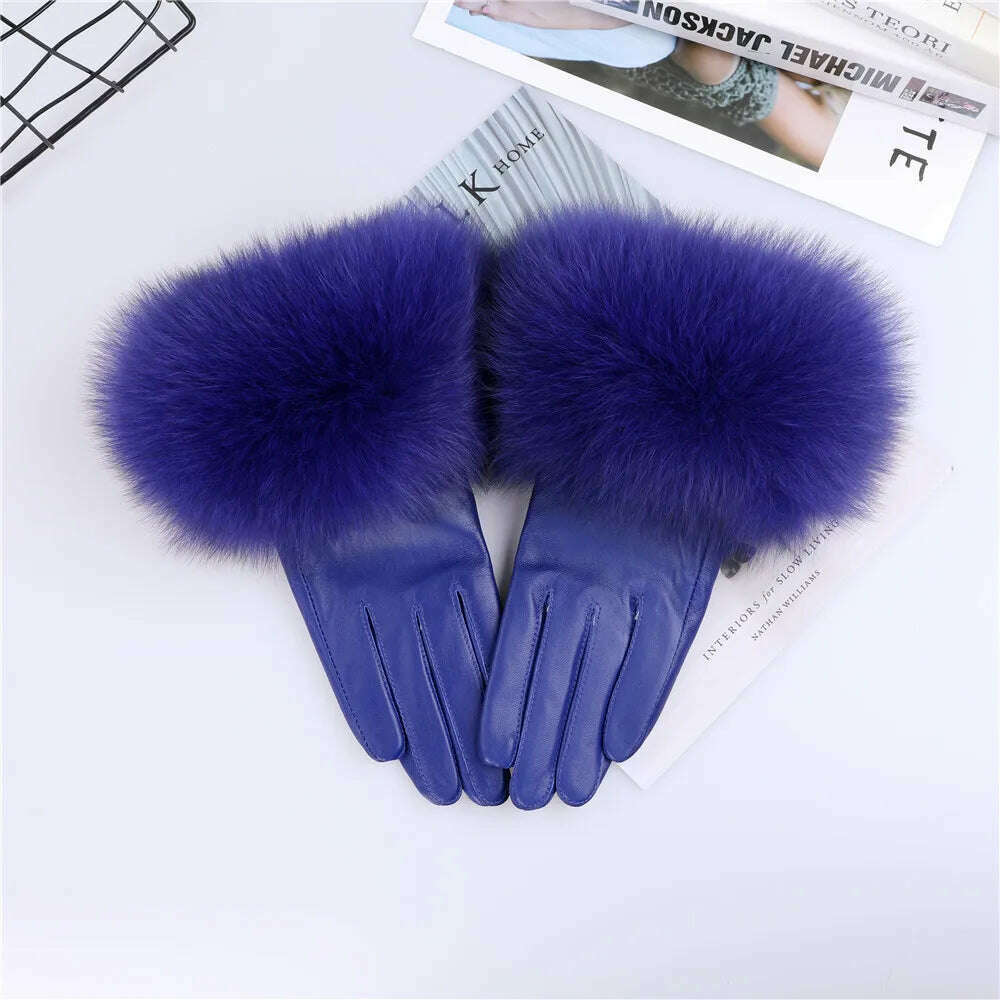 KIMLUD, Sheepskin Natural Fox Fur Trimming Gloves Women's Genuine Leather Wrist Warmer Glove Winter Warm Fashion  Mittens Fleece Lining, Royal Blue / S Palm 17cm, KIMLUD APPAREL - Womens Clothes