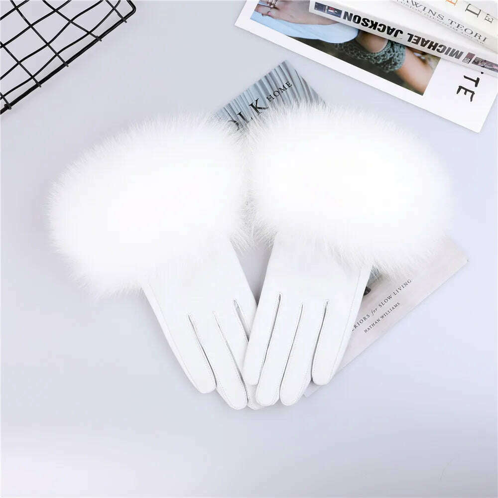 KIMLUD, Sheepskin Natural Fox Fur Trimming Gloves Women's Genuine Leather Wrist Warmer Glove Winter Warm Fashion  Mittens Fleece Lining, White / S Palm 17cm, KIMLUD APPAREL - Womens Clothes