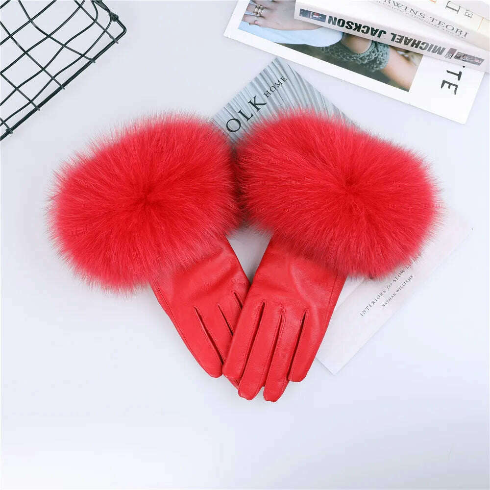 KIMLUD, Sheepskin Natural Fox Fur Trimming Gloves Women's Genuine Leather Wrist Warmer Glove Winter Warm Fashion  Mittens Fleece Lining, Red / S Palm 17cm, KIMLUD APPAREL - Womens Clothes