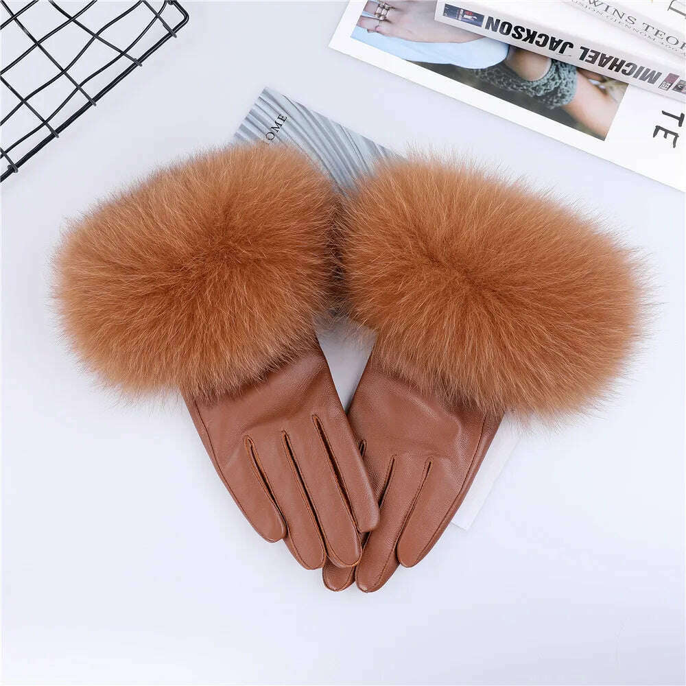 KIMLUD, Sheepskin Natural Fox Fur Trimming Gloves Women's Genuine Leather Wrist Warmer Glove Winter Warm Fashion  Mittens Fleece Lining, Brown / S Palm 17cm, KIMLUD APPAREL - Womens Clothes