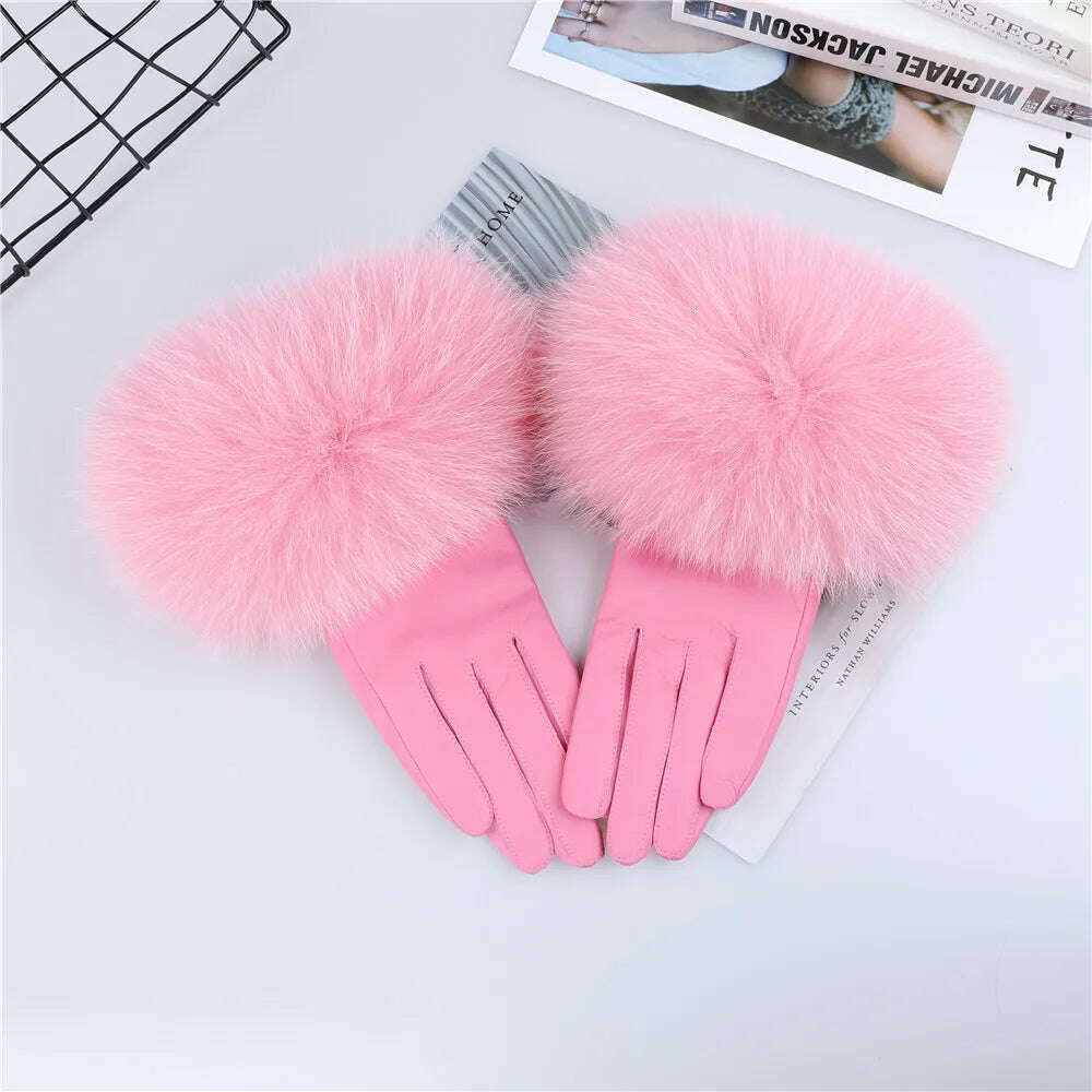 KIMLUD, Sheepskin Natural Fox Fur Trimming Gloves Women's Genuine Leather Wrist Warmer Glove Winter Warm Fashion  Mittens Fleece Lining, Pink / S Palm 17cm, KIMLUD APPAREL - Womens Clothes