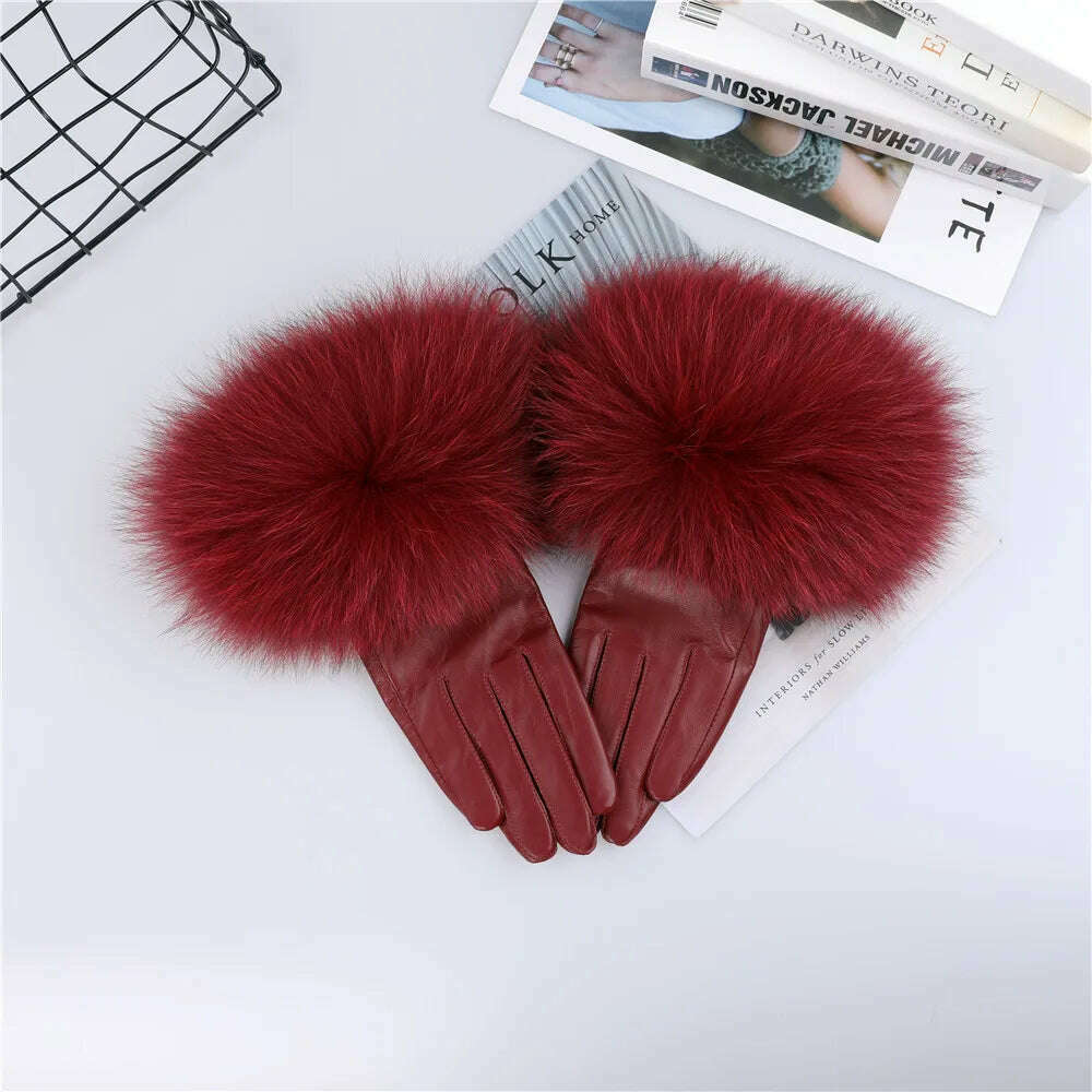 KIMLUD, Sheepskin Natural Fox Fur Trimming Gloves Women's Genuine Leather Wrist Warmer Glove Winter Warm Fashion  Mittens Fleece Lining, Wine Red / S Palm 17cm, KIMLUD APPAREL - Womens Clothes