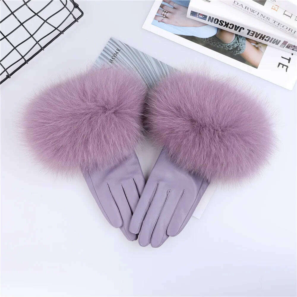 KIMLUD, Sheepskin Natural Fox Fur Trimming Gloves Women's Genuine Leather Wrist Warmer Glove Winter Warm Fashion  Mittens Fleece Lining, Violet / S Palm 17cm, KIMLUD APPAREL - Womens Clothes