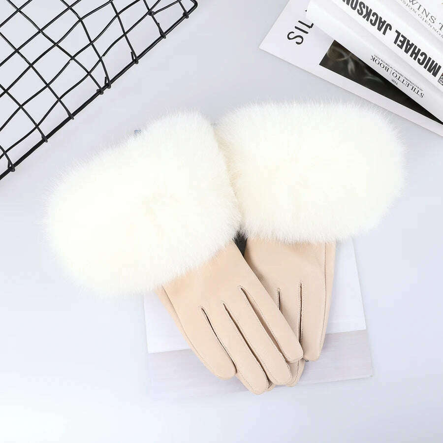 KIMLUD, Sheepskin Natural Fox Fur Trimming Gloves Women's Genuine Leather Wrist Warmer Glove Winter Warm Fashion  Mittens Fleece Lining, Beige / S Palm 17cm, KIMLUD APPAREL - Womens Clothes