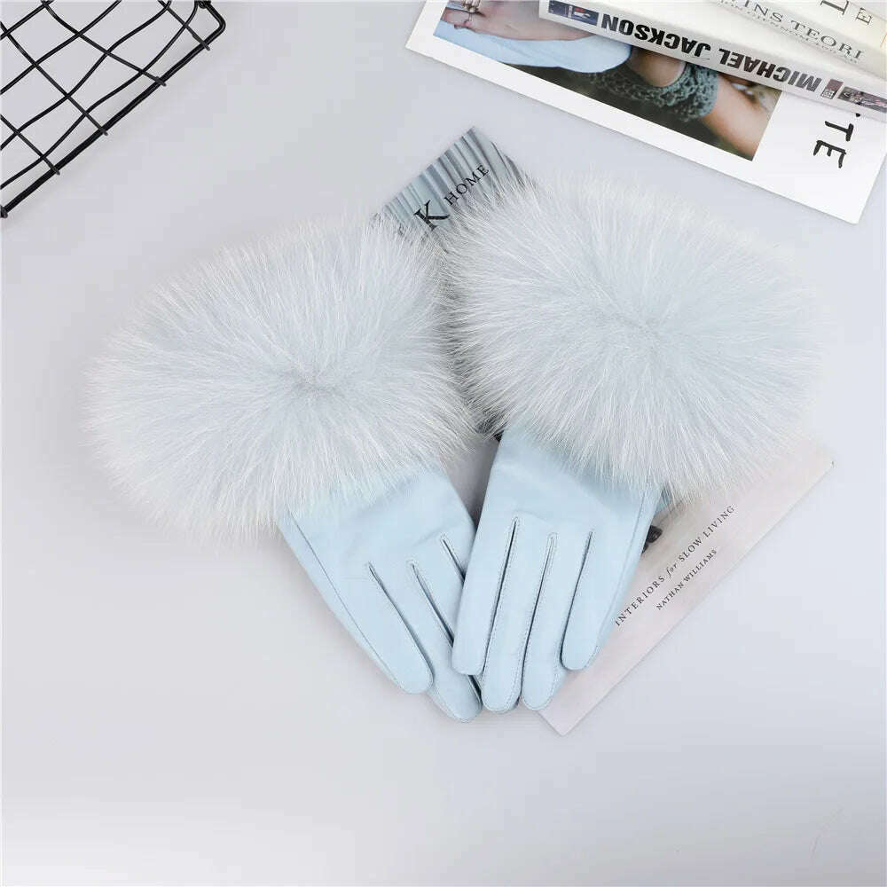 KIMLUD, Sheepskin Natural Fox Fur Trimming Gloves Women's Genuine Leather Wrist Warmer Glove Winter Warm Fashion  Mittens Fleece Lining, KIMLUD Womens Clothes