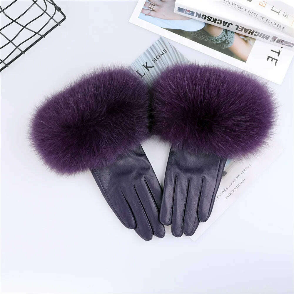 KIMLUD, Sheepskin Natural Fox Fur Trimming Gloves Women's Genuine Leather Wrist Warmer Glove Winter Warm Fashion  Mittens Fleece Lining, Purple / S Palm 17cm, KIMLUD APPAREL - Womens Clothes