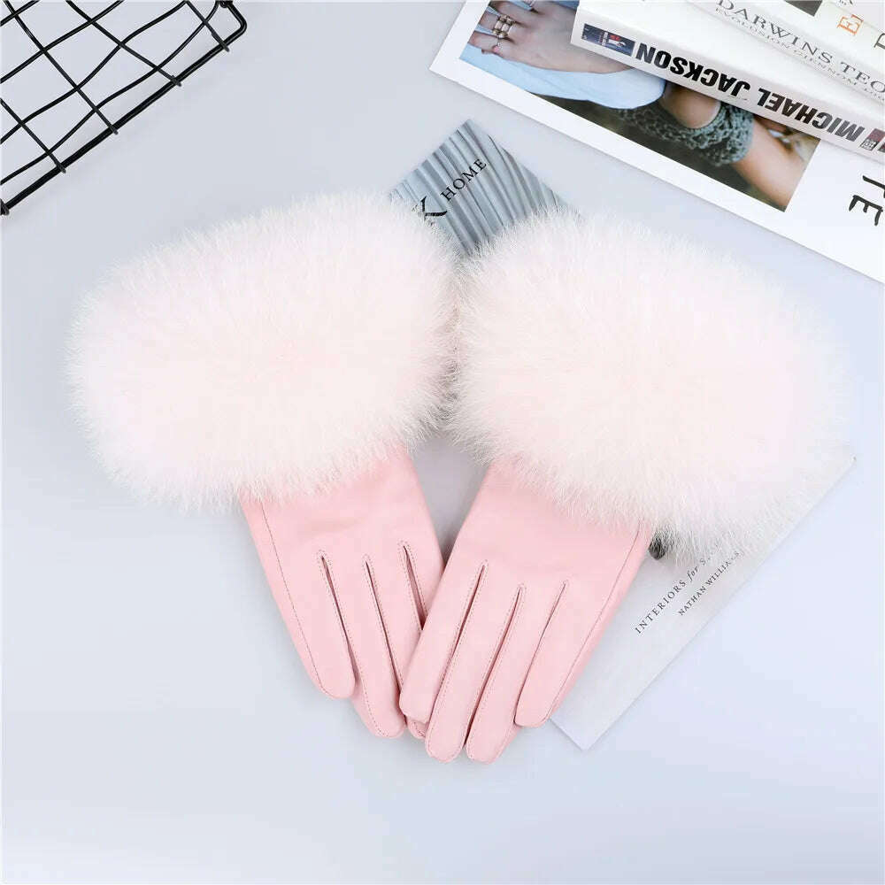 KIMLUD, Sheepskin Natural Fox Fur Trimming Gloves Women's Genuine Leather Wrist Warmer Glove Winter Warm Fashion  Mittens Fleece Lining, Light Pink / S Palm 17cm, KIMLUD APPAREL - Womens Clothes