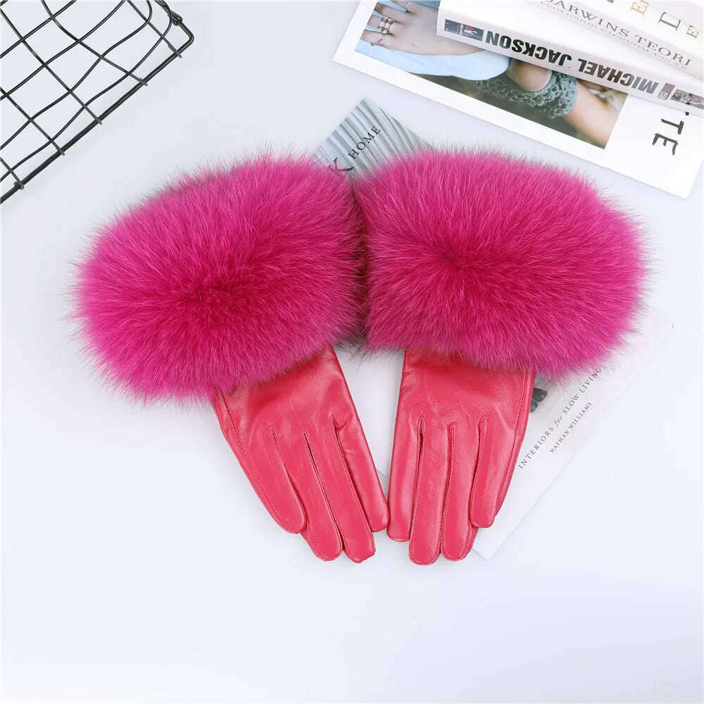 KIMLUD, Sheepskin Natural Fox Fur Trimming Gloves Women's Genuine Leather Wrist Warmer Glove Winter Warm Fashion  Mittens Fleece Lining, KIMLUD Womens Clothes