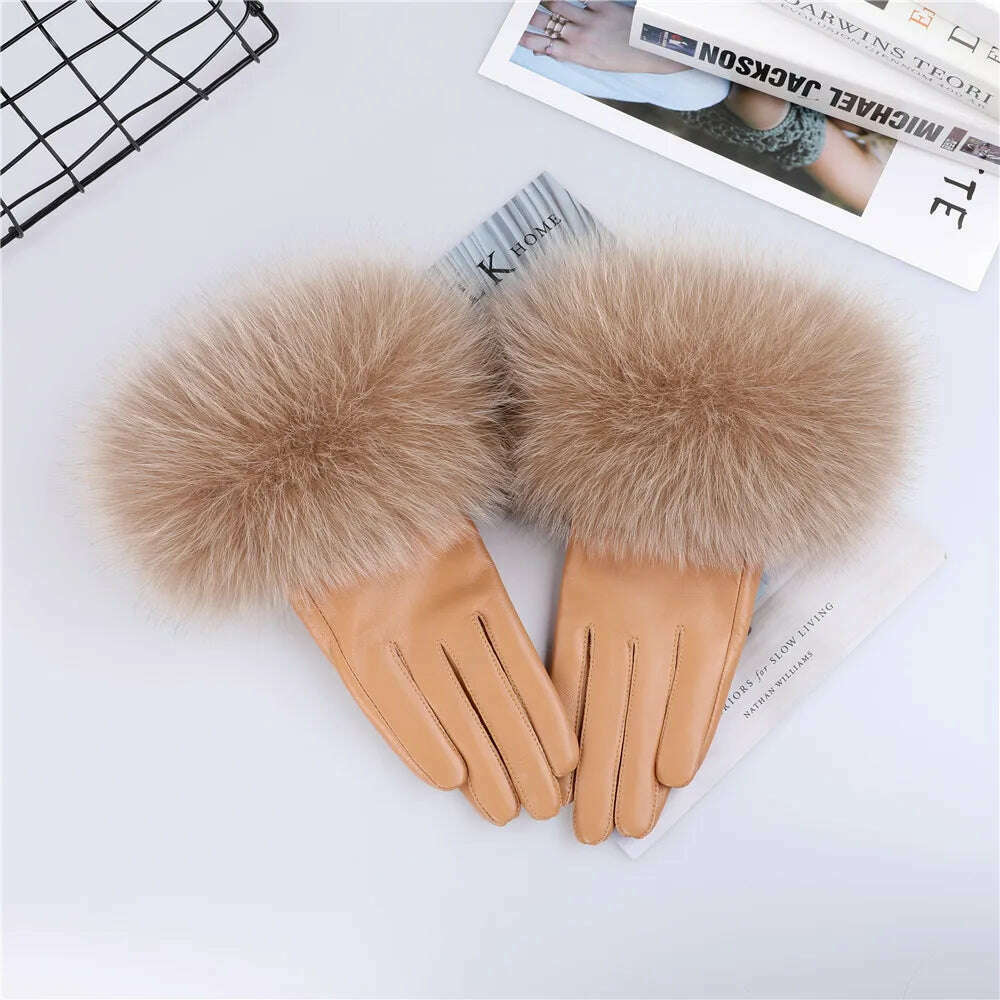 KIMLUD, Sheepskin Natural Fox Fur Trimming Gloves Women's Genuine Leather Wrist Warmer Glove Winter Warm Fashion  Mittens Fleece Lining, Tan / S Palm 17cm, KIMLUD APPAREL - Womens Clothes